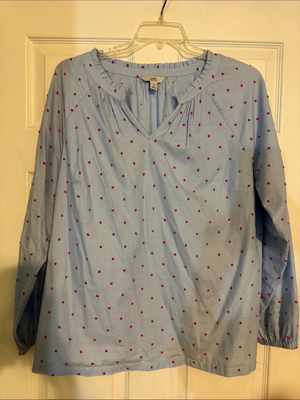 croft & barrow Light Blue V-Neck Blouse with Pink Dot Print